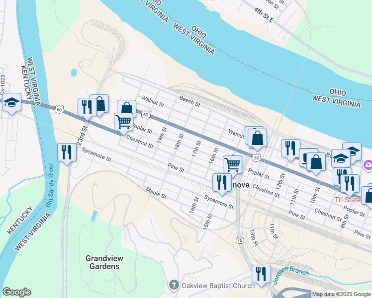 map of restaurants, bars, coffee shops, grocery stores, and more near 1714 Poplar St in Kenova