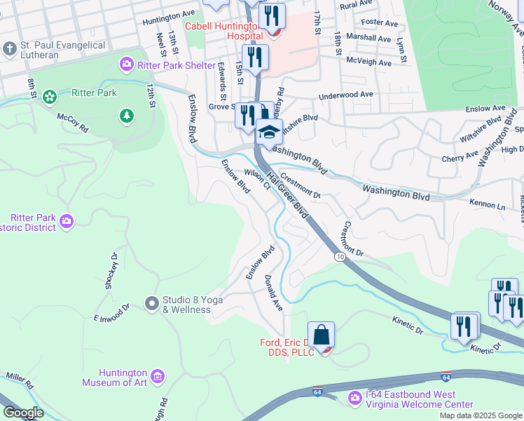 map of restaurants, bars, coffee shops, grocery stores, and more near 1855 Enslow Blvd in Huntington