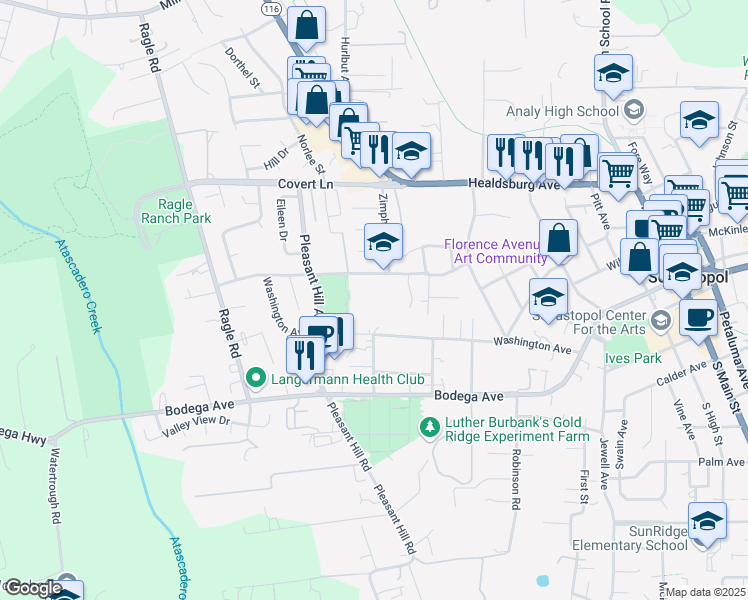 map of restaurants, bars, coffee shops, grocery stores, and more near 7905 Valentine Avenue in Sebastopol