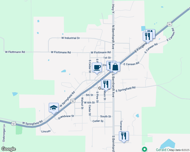map of restaurants, bars, coffee shops, grocery stores, and more near 315 South Pine Street in Gerald