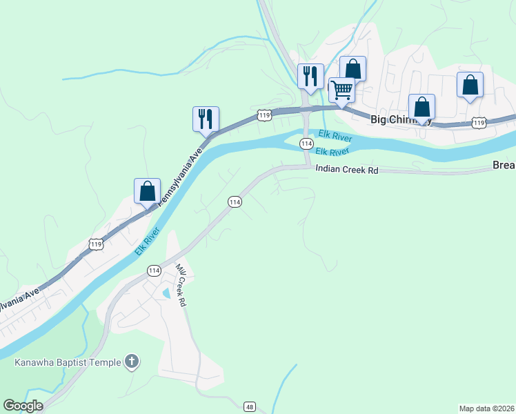 map of restaurants, bars, coffee shops, grocery stores, and more near 66 Indian Creek Road in Elkview