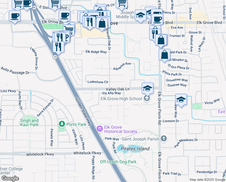map of restaurants, bars, coffee shops, grocery stores, and more near 8757 Via Alta Way in Elk Grove