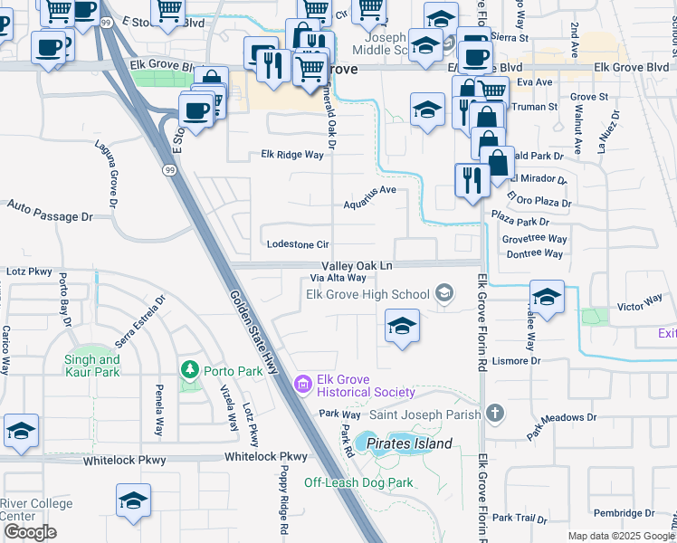 map of restaurants, bars, coffee shops, grocery stores, and more near 8757 Via Alta Way in Elk Grove