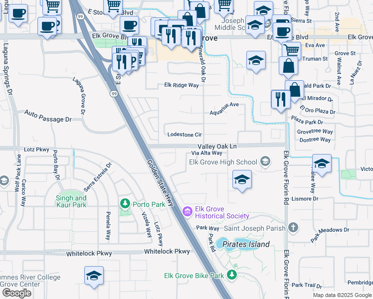 map of restaurants, bars, coffee shops, grocery stores, and more near 8725 Via Alta Way in Elk Grove