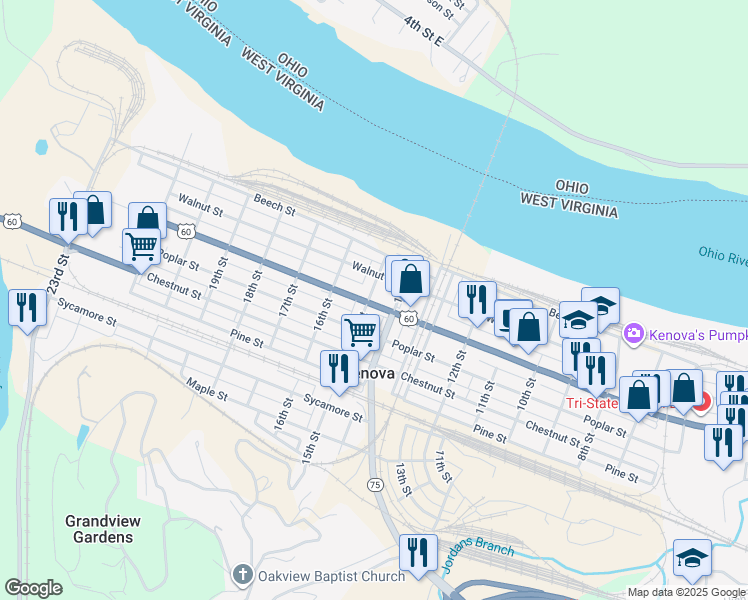 map of restaurants, bars, coffee shops, grocery stores, and more near 1413 Oak Street in Kenova