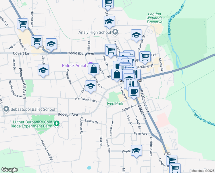map of restaurants, bars, coffee shops, grocery stores, and more near 7340 Bodega Avenue in Sebastopol
