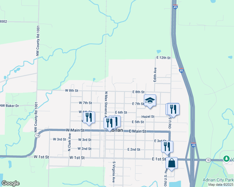 map of restaurants, bars, coffee shops, grocery stores, and more near 105 East 8th Street in Adrian