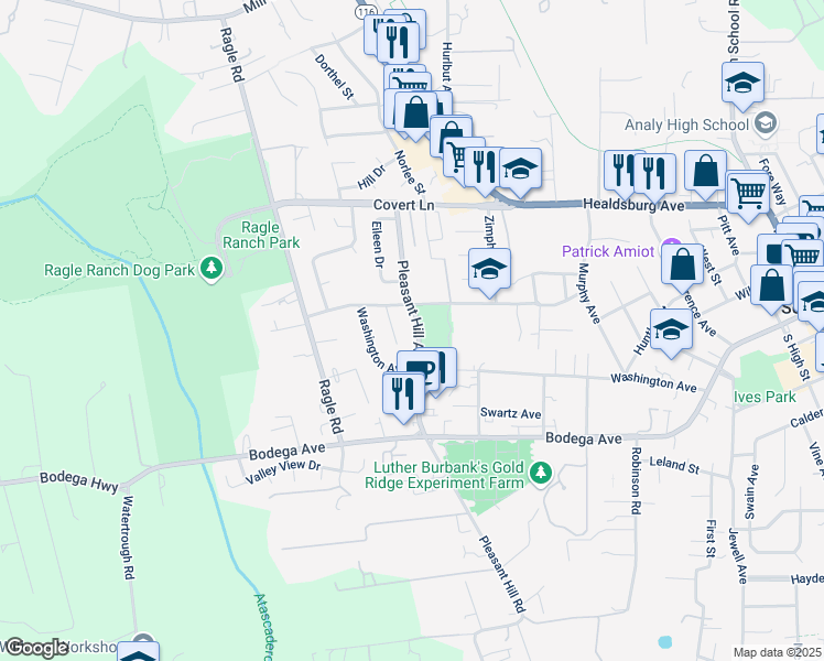 map of restaurants, bars, coffee shops, grocery stores, and more near 360 Pleasant Hill Avenue North in Sebastopol