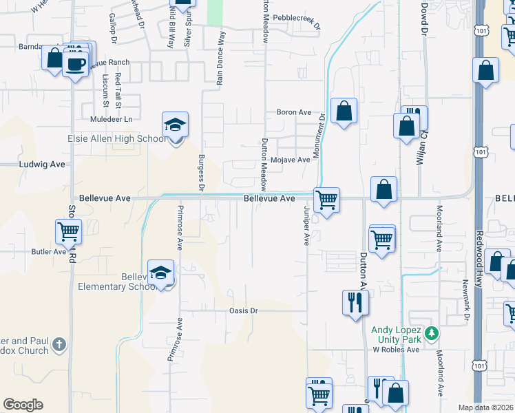 map of restaurants, bars, coffee shops, grocery stores, and more near 502 Bellevue Avenue in Santa Rosa