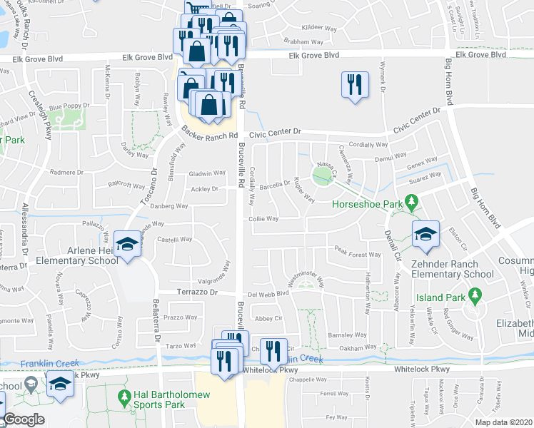 map of restaurants, bars, coffee shops, grocery stores, and more near 9838 Collie Way in Elk Grove