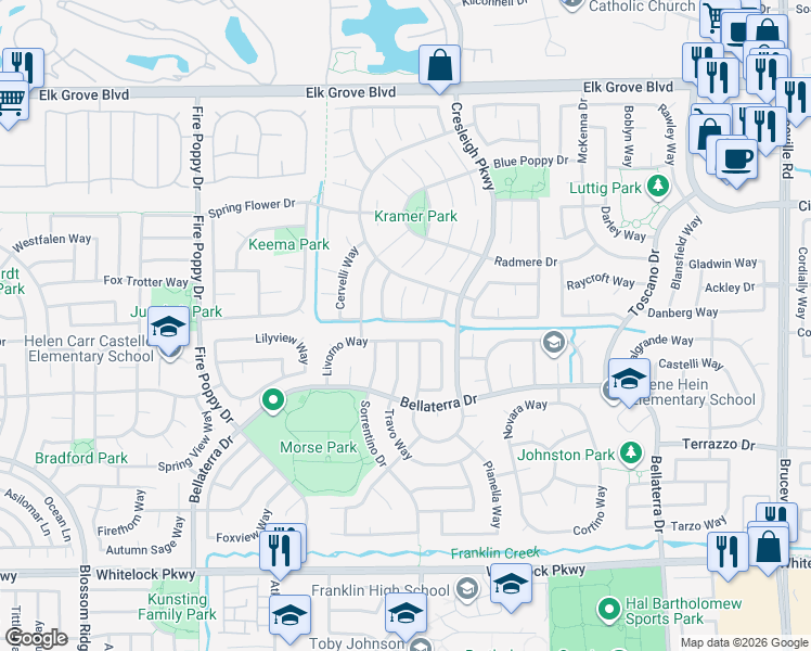 map of restaurants, bars, coffee shops, grocery stores, and more near 6000 Snow Leopard Circle in Elk Grove