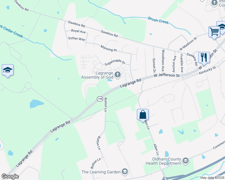 map of restaurants, bars, coffee shops, grocery stores, and more near 2201 Kentucky 146 in La Grange