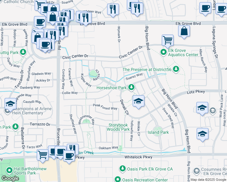 map of restaurants, bars, coffee shops, grocery stores, and more near 7918 Cordially Way in Elk Grove