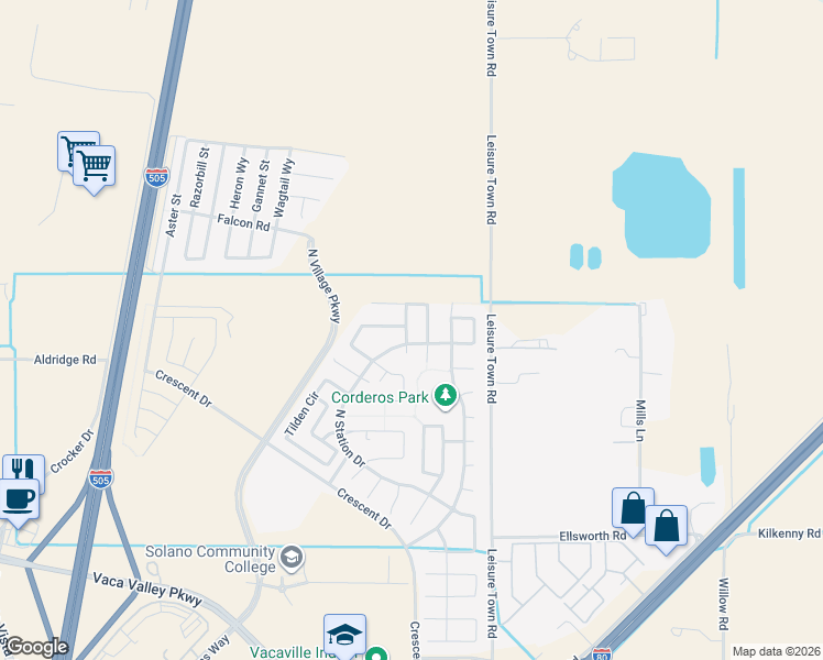 map of restaurants, bars, coffee shops, grocery stores, and more near 213 Fiesta Way in Vacaville