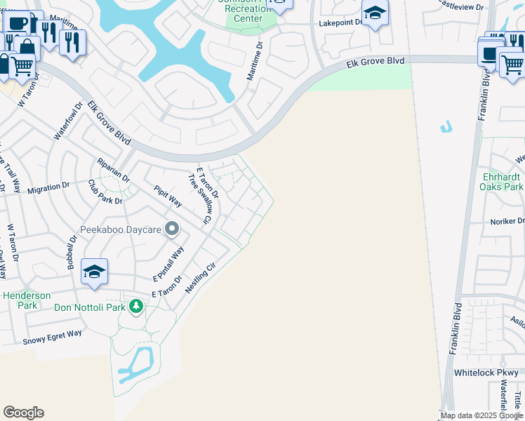 map of restaurants, bars, coffee shops, grocery stores, and more near 10270 East Taron Drive in Elk Grove