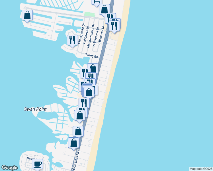 map of restaurants, bars, coffee shops, grocery stores, and more near 8307 Atlantic Avenue in Ocean City