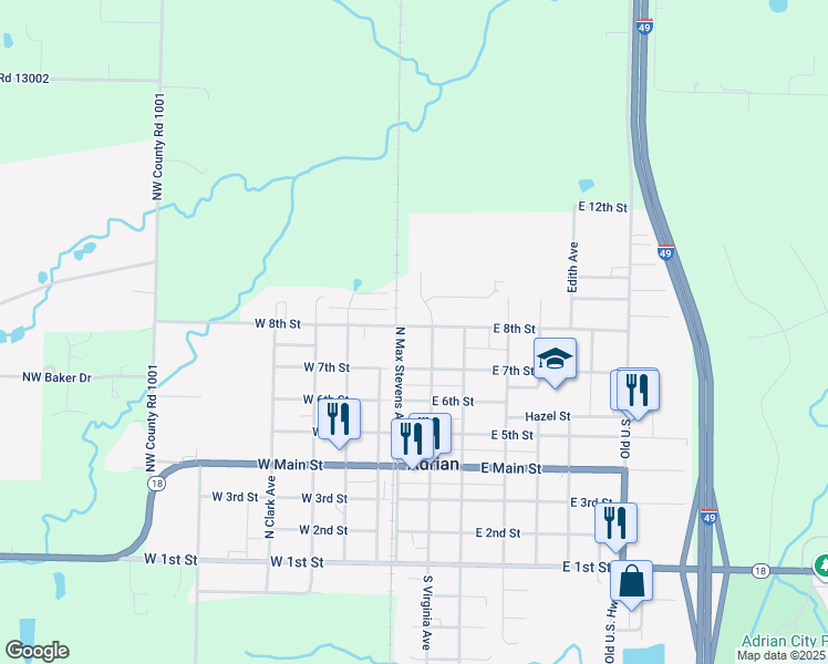 map of restaurants, bars, coffee shops, grocery stores, and more near 727 North Max Stevens Avenue in Adrian