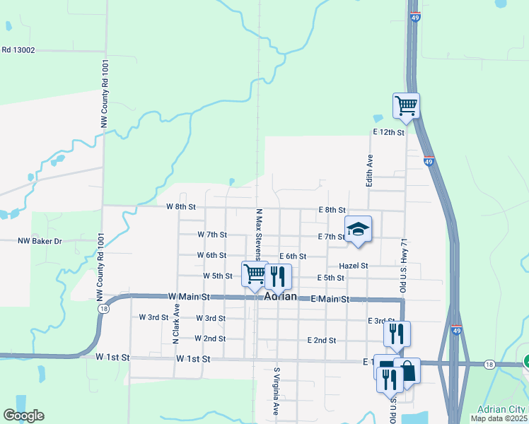 map of restaurants, bars, coffee shops, grocery stores, and more near 727 North Max Stevens Avenue in Adrian