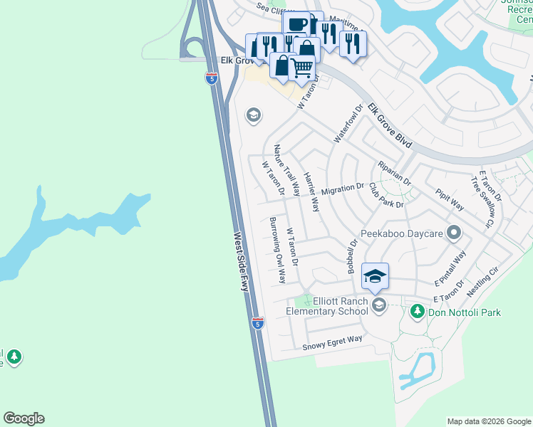 map of restaurants, bars, coffee shops, grocery stores, and more near 2329 Avocet Court in Elk Grove