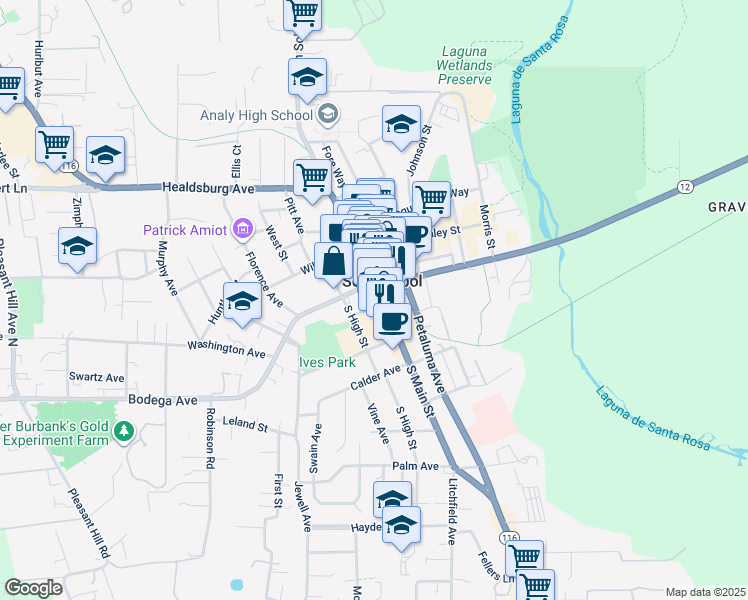 map of restaurants, bars, coffee shops, grocery stores, and more near in Sebastopol