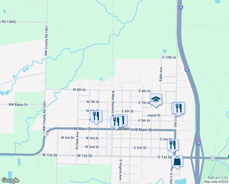 map of restaurants, bars, coffee shops, grocery stores, and more near 727 North Max Stevens Avenue in Adrian