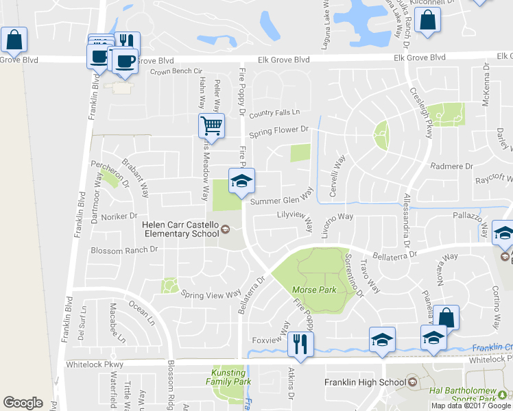 map of restaurants, bars, coffee shops, grocery stores, and more near 9857 Summer Glen Way in Elk Grove