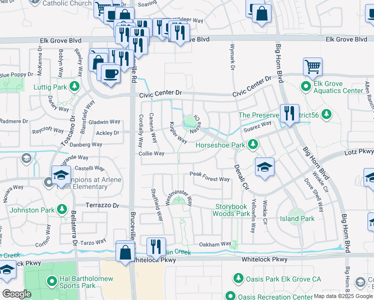 map of restaurants, bars, coffee shops, grocery stores, and more near 9828 Shanelyn Way in Elk Grove