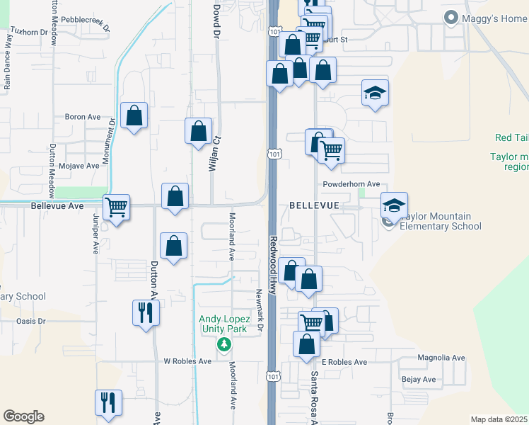 map of restaurants, bars, coffee shops, grocery stores, and more near 84 Bellevue Avenue in Santa Rosa
