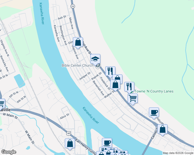 map of restaurants, bars, coffee shops, grocery stores, and more near 1102 Kapok Street in Nitro