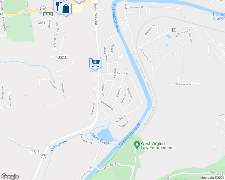 map of restaurants, bars, coffee shops, grocery stores, and more near 219 Nedra Drive in Barboursville