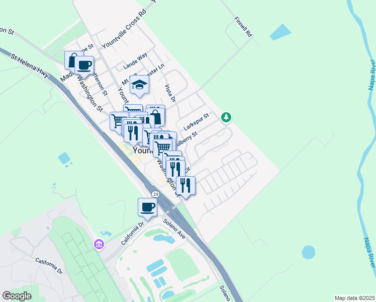 map of restaurants, bars, coffee shops, grocery stores, and more near 6492 Heather Street in Yountville