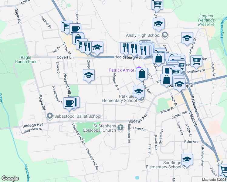map of restaurants, bars, coffee shops, grocery stores, and more near 7800 Anthony Street in Sebastopol