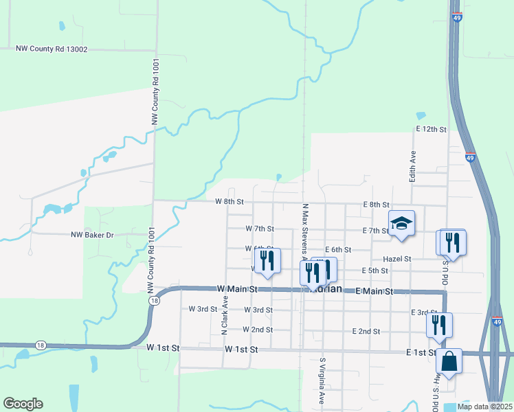 map of restaurants, bars, coffee shops, grocery stores, and more near 723 North Mulberry Avenue in Adrian