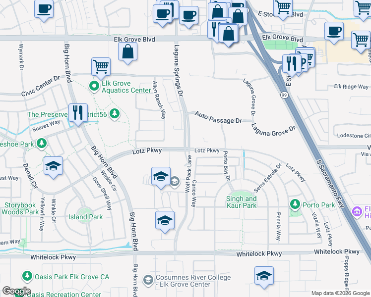 map of restaurants, bars, coffee shops, grocery stores, and more near Laguna Springs Drive & Lotz Parkway in Elk Grove