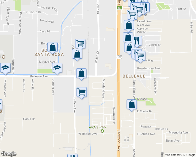 map of restaurants, bars, coffee shops, grocery stores, and more near 164 Bellevue Avenue in Santa Rosa