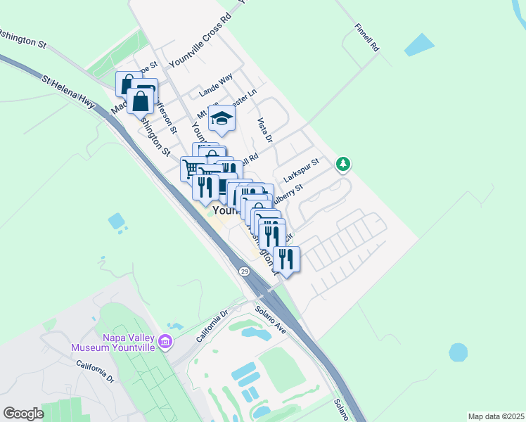 map of restaurants, bars, coffee shops, grocery stores, and more near 1935 Mulberry Street in Yountville