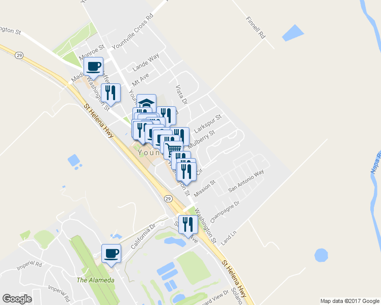 map of restaurants, bars, coffee shops, grocery stores, and more near 6641 Oak Leaf Court in Yountville