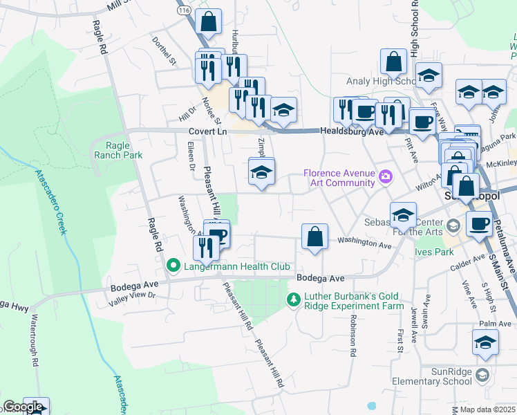 map of restaurants, bars, coffee shops, grocery stores, and more near 7905 Valentine Avenue in Sebastopol