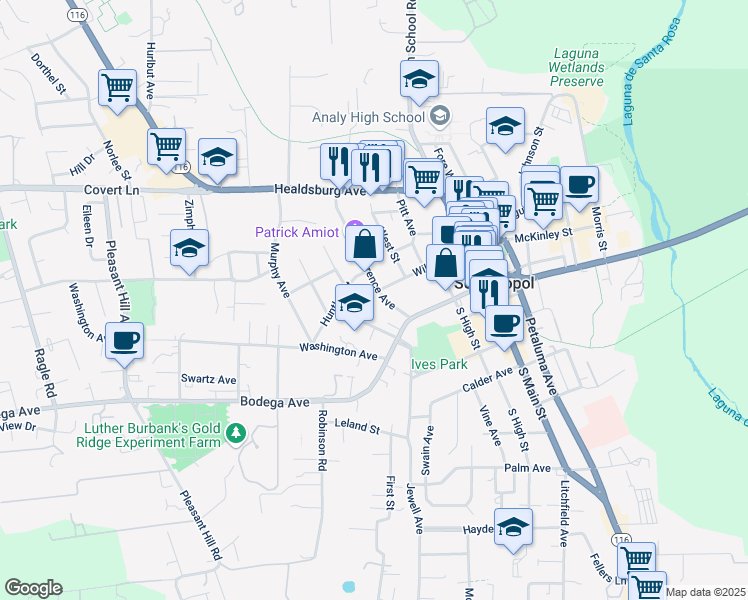 map of restaurants, bars, coffee shops, grocery stores, and more near 186 Florence Avenue in Sebastopol