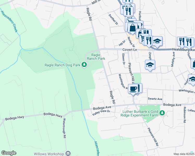 map of restaurants, bars, coffee shops, grocery stores, and more near 8338 Medved Lane in Sebastopol