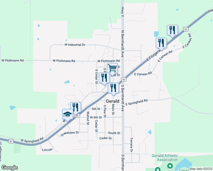 map of restaurants, bars, coffee shops, grocery stores, and more near 315 South Pine Street in Gerald