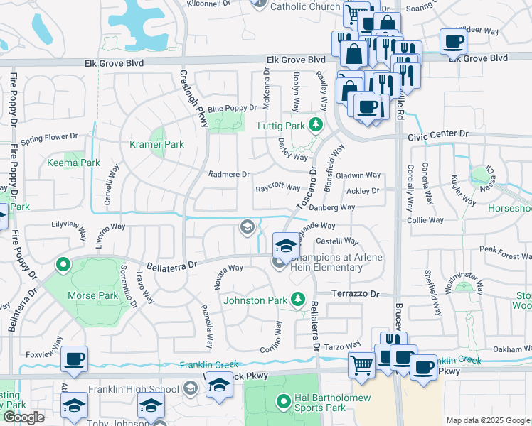 map of restaurants, bars, coffee shops, grocery stores, and more near 9784 Ellsmere Way in Elk Grove