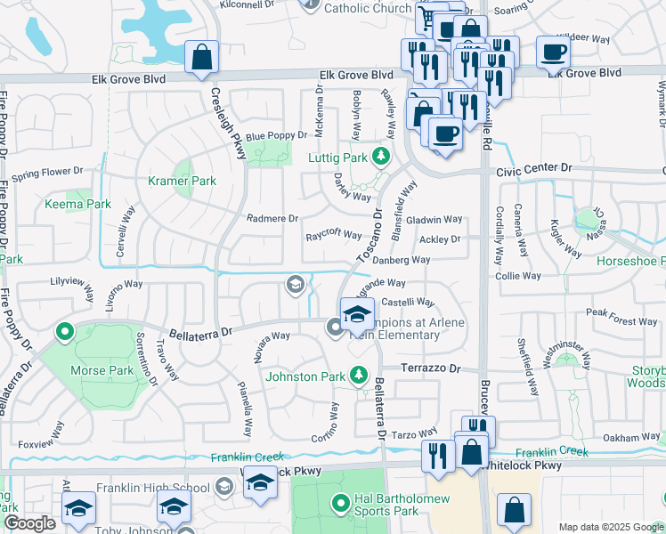 map of restaurants, bars, coffee shops, grocery stores, and more near 9784 Ellsmere Way in Elk Grove
