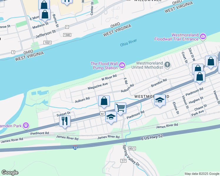 map of restaurants, bars, coffee shops, grocery stores, and more near 425 Jefferson Rd in Huntington