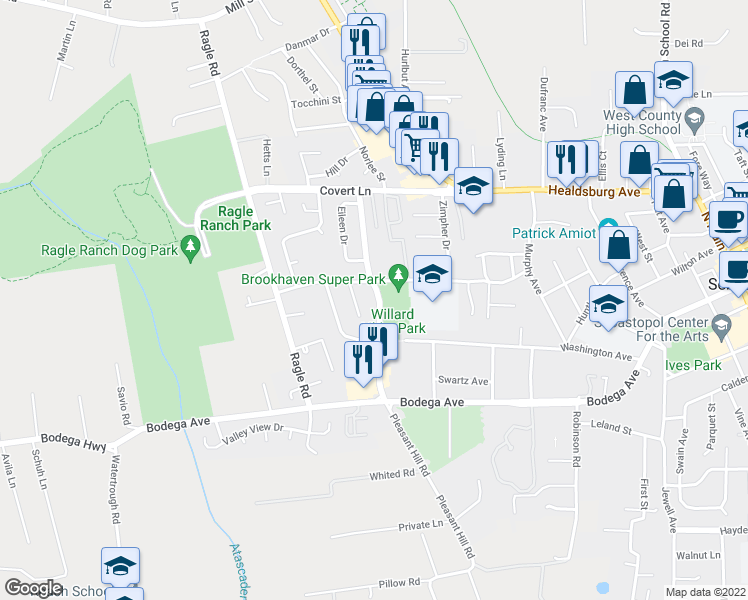 map of restaurants, bars, coffee shops, grocery stores, and more near 360 Pleasant Hill Avenue North in Sebastopol