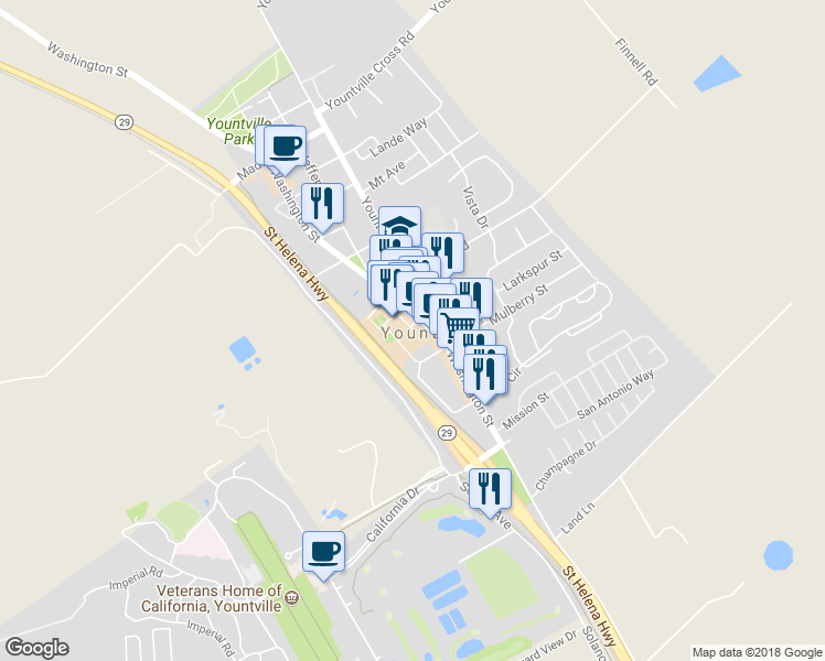 map of restaurants, bars, coffee shops, grocery stores, and more near 6523 Washington St in Yountville