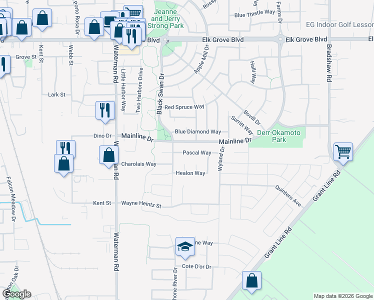 map of restaurants, bars, coffee shops, grocery stores, and more near 9317 Pascal Way in Elk Grove