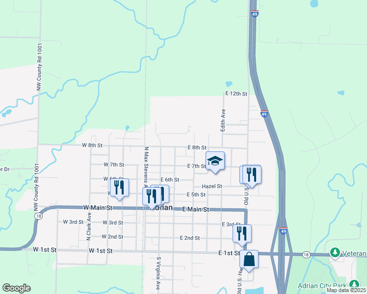 map of restaurants, bars, coffee shops, grocery stores, and more near 213 East 8th Street in Adrian