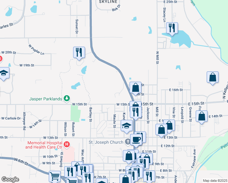 map of restaurants, bars, coffee shops, grocery stores, and more near 1700 North Newton Street in Jasper