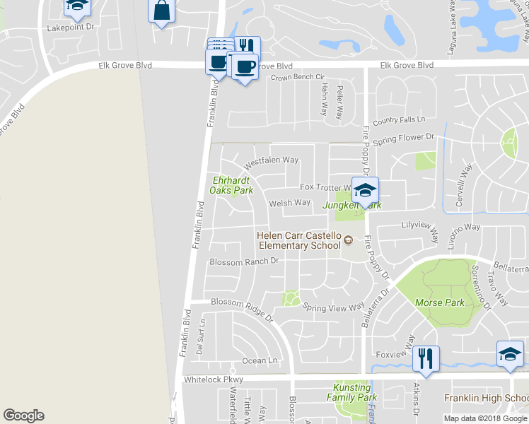 map of restaurants, bars, coffee shops, grocery stores, and more near 4924 Brabant Way in Elk Grove